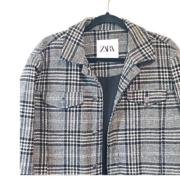 Zara Black Grey & Tan Plaid Jacket Shacket Coat Lumberjack Size Medium - Picture 3 of 10